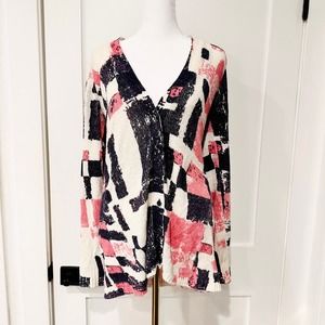 Anthropologie Field Flower Abstract Button Cardigan Sweater Pink Black sz S